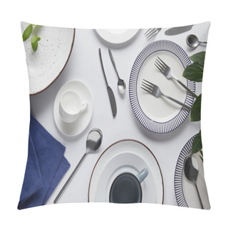 Personality  Top View Of Green Leaves, Different Ceramic Plates, Cup, Kitchen Towel, Forks, Spoons And Knives On White Table  Pillow Covers