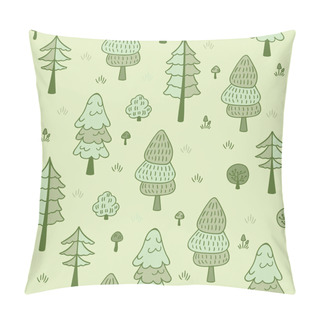 Personality    Forest Trees Seamless Vector Pattern. Hand Drawn Background With Pines, Grass, Bushes And Mushrooms In Doodle Style. Botanic Design Texture In Colors Of Green And Beige Pillow Covers