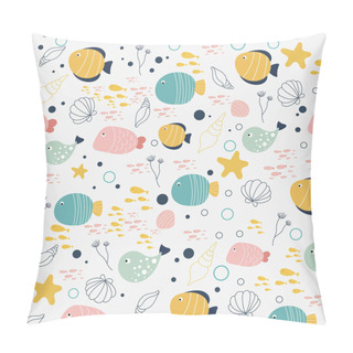 Personality  Vector Pattern Of Fish And Shellfish In The Style Of Doodle. Pillow Covers