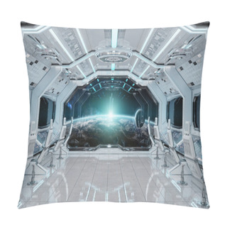 Personality  White Clean Spaceship Interior With View On Planet Earth 3D Rendering Elements Of This Image Furnished By NASA Pillow Covers