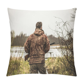 Personality  Hunter With A Gun Tracks Down Ducks On The River. Pillow Covers