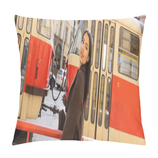 Personality  Stylish Woman In Coat Standing Near Tram On Urban Street In Prague, Banner  Pillow Covers