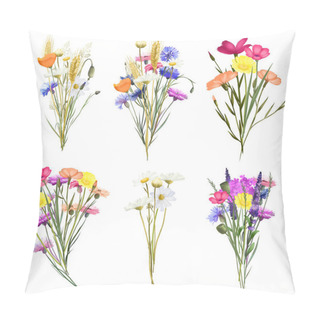 Personality  Collection Of Bouquets Of Bright Summer Meadow Flowers And Plants (cornflowers, Chamomiles, Wheat Spikelets Etc), Isolated Illustration On White Background Pillow Covers