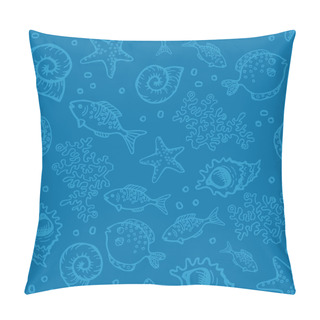 Personality  Hand Drawn Blue Vintage Sea Background With Underwater Inhabitants Seamless Texture Of Fish, Sea Grass, Shells And Starfish. Vector Illustration. Pillow Covers