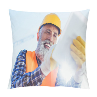 Personality  Construction Worker Using Digital Tablet Pillow Covers