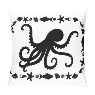 Personality  Octopus, Sea Animal In A Rectangular Frame - Vector Silhouette For Printing Or Cutting. Marine Composition Stencil With Octopus And Other Sea Animals Pillow Covers