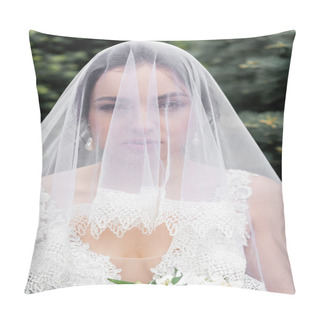 Personality  Bride In Veil Looking At Camera Near Flowers On Blurred Foreground Outdoors  Pillow Covers
