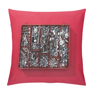 Personality  Top View Of Metal Nuts And Wood Screws In Tool Box On Red Background Pillow Covers