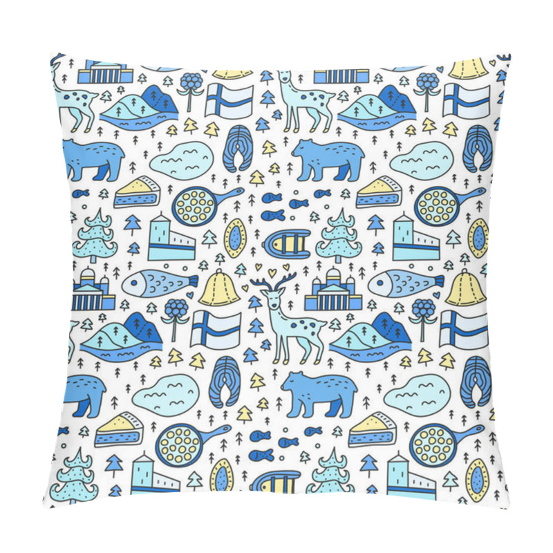 Personality  Seamless pattern with doodle colored Finland icons including Helsinki Cathedral, deer, lake, cloudberry, Olaf's castle, pastry, meatballs, fish, bear, flag, etc. pillow covers