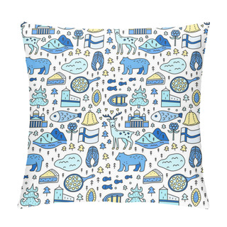 Personality  Seamless Pattern With Doodle Colored Finland Icons Including Helsinki Cathedral, Deer, Lake, Cloudberry, Olaf's Castle, Pastry, Meatballs, Fish, Bear, Flag, Etc. Pillow Covers
