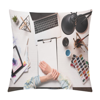 Personality  Cropped View Of Designer At Office Desk With Laptop, Art Supplies, Flat Lay Pillow Covers
