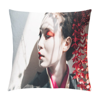 Personality  Portrait Of Beautiful Geisha With Red And White Makeup In Sunlight With Shadows Pillow Covers