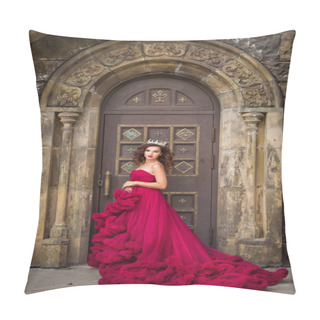 Personality  A Beautiful Woman, A Queen In A Red Luxurious Dress, Stands Against The Backdrop Of A Medieval, Medieval, Gothic Door With An Arch. Medieval Fantasy. Attractive Princess Pillow Covers