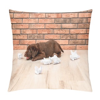 Personality  Mischievous Chocolate Labrador Retriever Puppy And Torn Paper Near Wall Indoors Pillow Covers