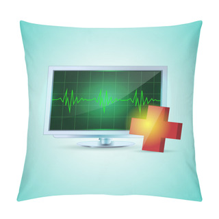 Personality  A Flat Screen On Turquoise And Medical Cross. Colorful Display Shows A Heartbeat Pillow Covers