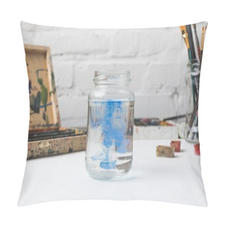 Personality  Close-up View Of Glass Jar With Water And Blue Paint At Designer Workplace Pillow Covers