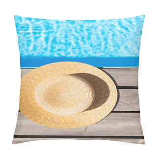 Personality  Top View Of Wicker Hat Near Swimming Pool  Pillow Covers