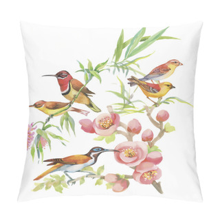 Personality  Watercolor Hand Drawn Pattern With Tropical Summer Flowers Of And Exotic Birds Pillow Covers