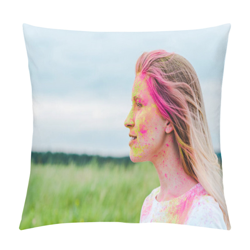 Personality  Side View Of Happy Young Woman With Yellow And Pink Holi Paint On Face  Pillow Covers