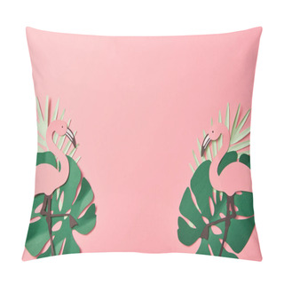 Personality  Top View Of Paper Cut Flamingos On Green Palm Leaves On Pink Background With Copy Space Pillow Covers