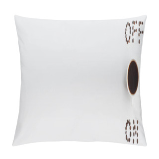 Personality  Top View Of On And Off Lettering Made Of Coffee Beans Near Cup On White Surface, Panoramic Shot Pillow Covers