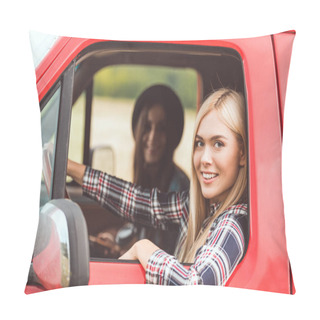 Personality  Side View Of Smiling Young Girlfriends Riding Car And Looking At Camera Pillow Covers