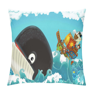 Personality  Cartoon Scene With Pirate Ship Sailing Through The Seas With Happy Pirates Meeting Swimming Whale - Illustration For Children Pillow Covers
