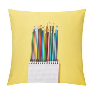 Personality  Top View Of Colored Pencils Near Blank Notebook On Yellow Pillow Covers