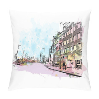 Personality  Print Building View With Landmark Of Cardiff Is The Capital City Of Wales. Watercolor Splash With Hand Drawn Sketch Illustration In Vector. Pillow Covers