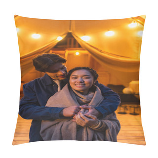 Personality  Man Hugging Happy Asian Girlfriend In Blanket Near Glamping House With Lighting Outdoors  Pillow Covers