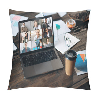 Personality  Virtual Business Meeting Online. Video Conference By Laptop. Online Business Meeting. On The Laptop Screen, Coworkers Who Gathered In A Video Conference To Work Online Pillow Covers