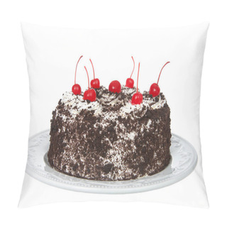 Personality  Whole Black Forest Cake On An Off White Porcelain Plate Isolated On A White Background. Whipped Cream, Crumb Chocolate Coating, Cherries On Top. Pillow Covers