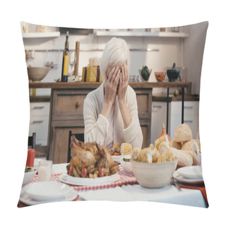 Personality  Depressed Woman Obscuring Face With Hands While Sitting At Table Served With Thanksgiving Dinner Pillow Covers