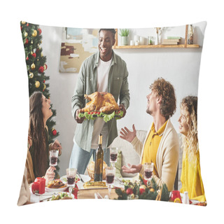 Personality  Happy African American Smiling At His Relatives And Holding Plate With Turkey, Christmas Day Pillow Covers