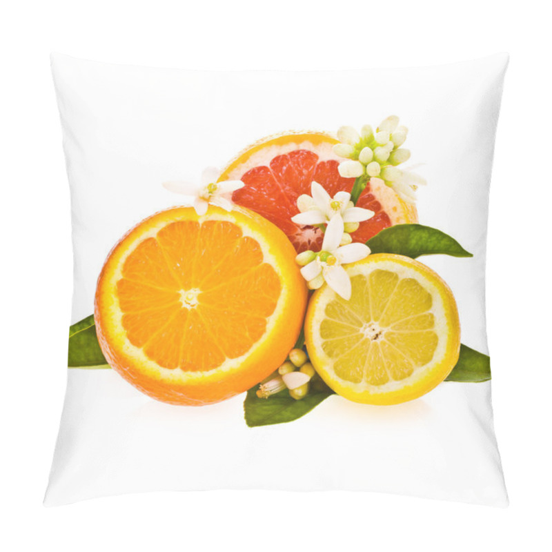 Personality  Citrus fruits - oranges, grapefruit and lemon, cut off from the side, decorated with flowers and leaves isolated on white background pillow covers