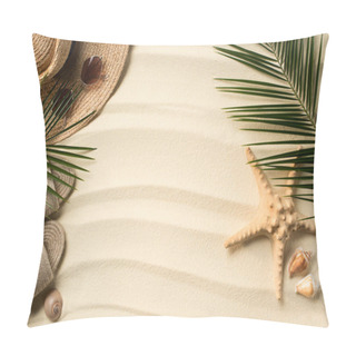 Personality  Flat Lay With Palm Leaves, Straw Hat And Flip Flops On Sandy Beach Pillow Covers