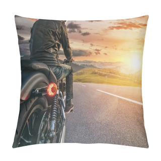 Personality  Motorcycle Rider Ready For Drive In Alps, Beautiful Sunset Sky Pillow Covers