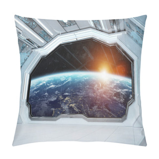 Personality  White Blue Spaceship Futuristic Interior With Window View On Pla Pillow Covers