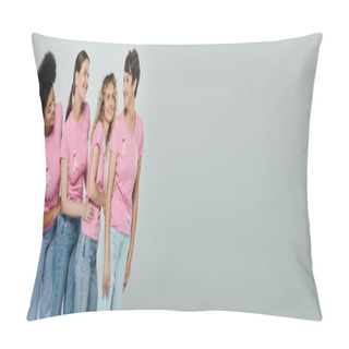 Personality  Multicultural Women Different Age Smiling On Grey Backdrop, Support, Breast Cancer Awareness, Banner Pillow Covers