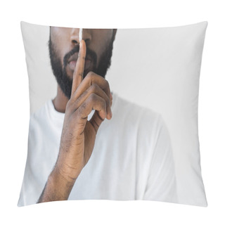 Personality  Cropped Image Of African American Man With White Stripe On Face Showing Silence Sign Isolated On White Pillow Covers