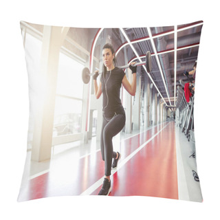 Personality  Girl Doing Lunges With Barbell In Modern Gym Pillow Covers