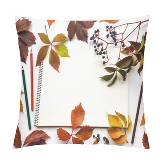 Personality  Autumn Composition With Sketchbook And Pencils, Decorated With Red Leaves And Berries. Flat Lay, Top View Pillow Covers