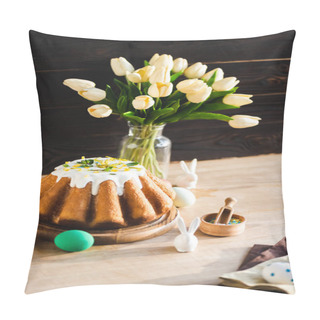 Personality  Selective Focus Of Delicious Easter Cake Near Figurines With Easter Bunnies, Painted Eggs And Tulips  Pillow Covers