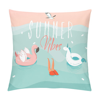 Personality  Hand Drawn Vector Stock Abstract Graphic Illustration With A Jumping Swimming Boy With A Unicorn And Flamingo Rubber Ring And Summer Vibes Typography Isolated On Ocean Wave Background Pillow Covers