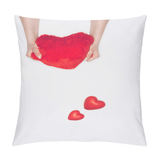 Personality  Cropped Shot Of Woman Squeezing Soft Red Heart Pillow Isolated On White Pillow Covers