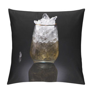 Personality  Transparent Glass With Ice And Golden Liquid On Black Background Pillow Covers