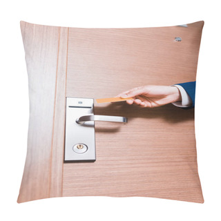 Personality  Cropped View Of Businessman Holding Hotel Card Near Door  Pillow Covers