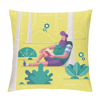 Personality  Man Sitting In Park And Reading Book, Vector Illustration Pillow Covers