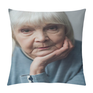 Personality  Portrait Of Sad Senior Woman Propping Chin With Hand And Looking At Camera Pillow Covers