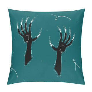 Personality  Happy Halloween Hand Drawn Illustration With Two Scary Witch Or Monster Hands With Long Claws. Stock Vector Illustration For Banner, Poster, Greeting Card, Party Invitation. Dark Background. Pillow Covers
